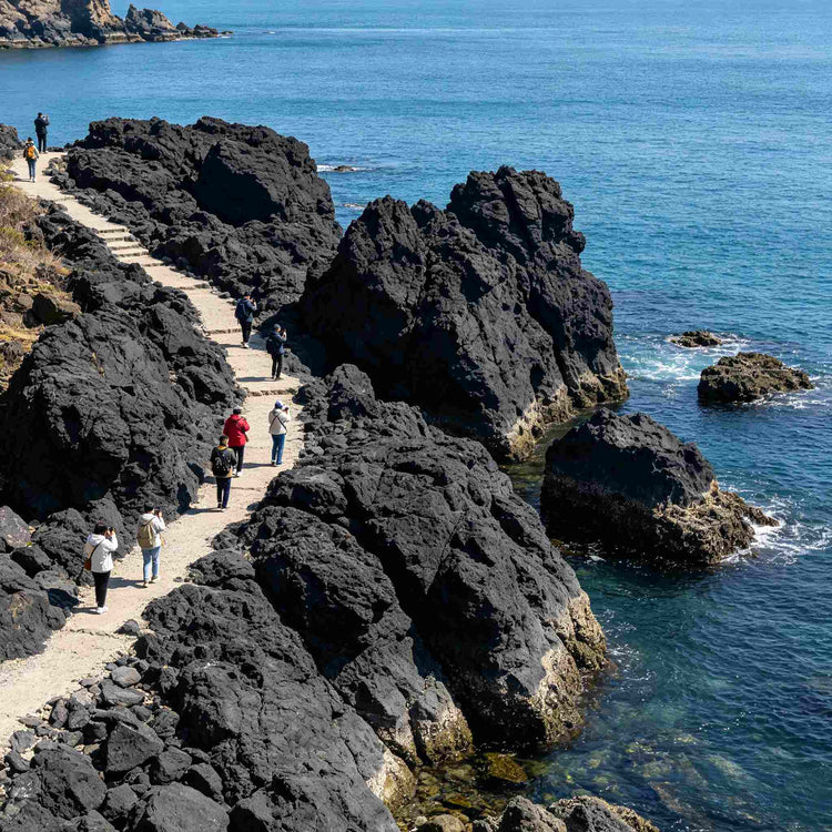 Unique black rock coastline at Heishijiao Coastal Park, Dalian