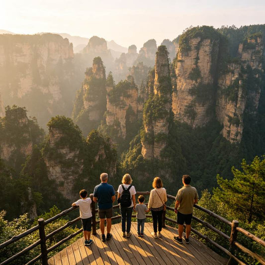 Group of western tourists viewing quartz sandstone peaks at Wulingyuan observation deck, Zhangjiajie National Forest Park