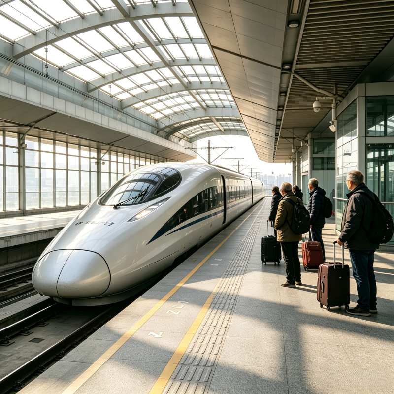 Shanghai Maglev Train at station platform, passengers with luggage waiting under glass roof