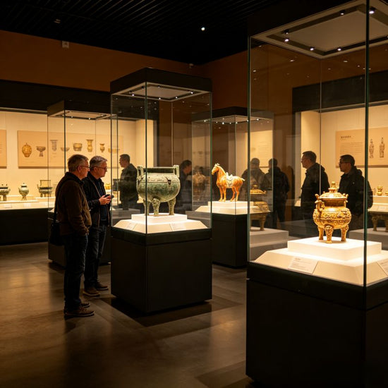 Shaanxi History Museum exhibition hall, western visitors viewing ancient cultural relics, Xi'an China