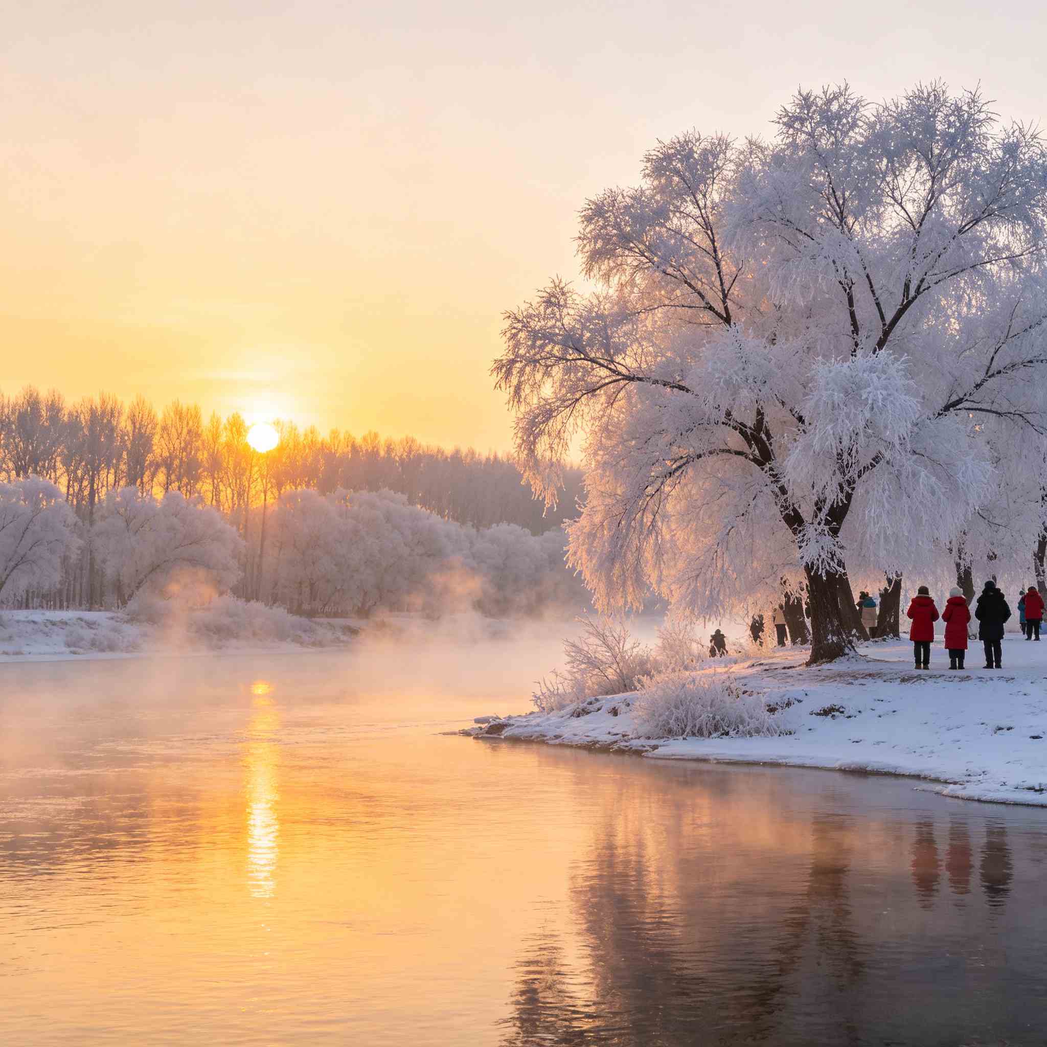 Wusong Island sunrise rime scenery along the Songhua River in Jilin winter