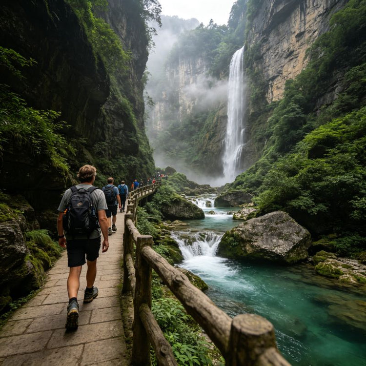 Zhangjiajie Grand Canyon hiking trail, tourist walking beside clear mountain stream with waterfall and lush green cliffs