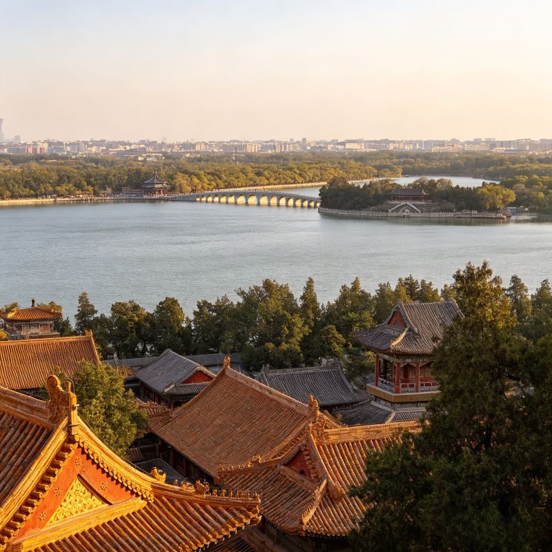 Aerial panoramic view of Kunming Lake and imperial architectural complex in the Summer Palace