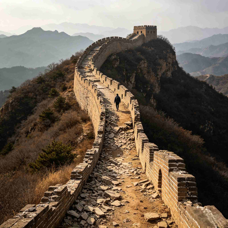 Wild Great Wall ridge with crumbling ancient wall and lone hiker on the mountain path