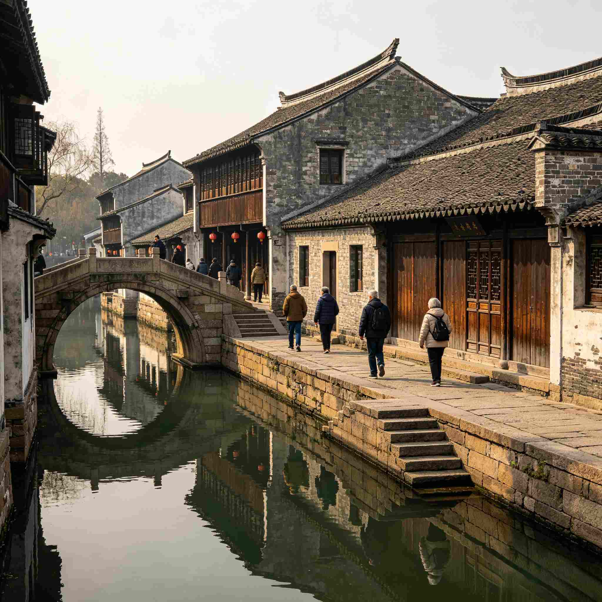 Nanxun ancient water town quiet canal, white-washed old houses, group of western visitors walk stone street