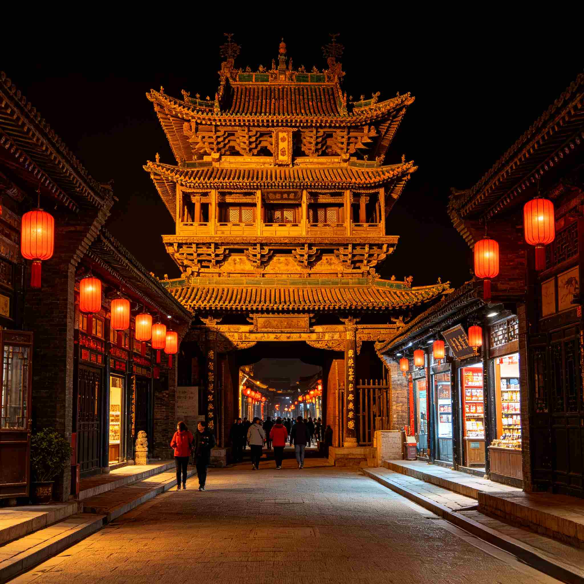Illuminated ancient city tower on Ming-Qing Street at night, Pingyao UNESCO Site