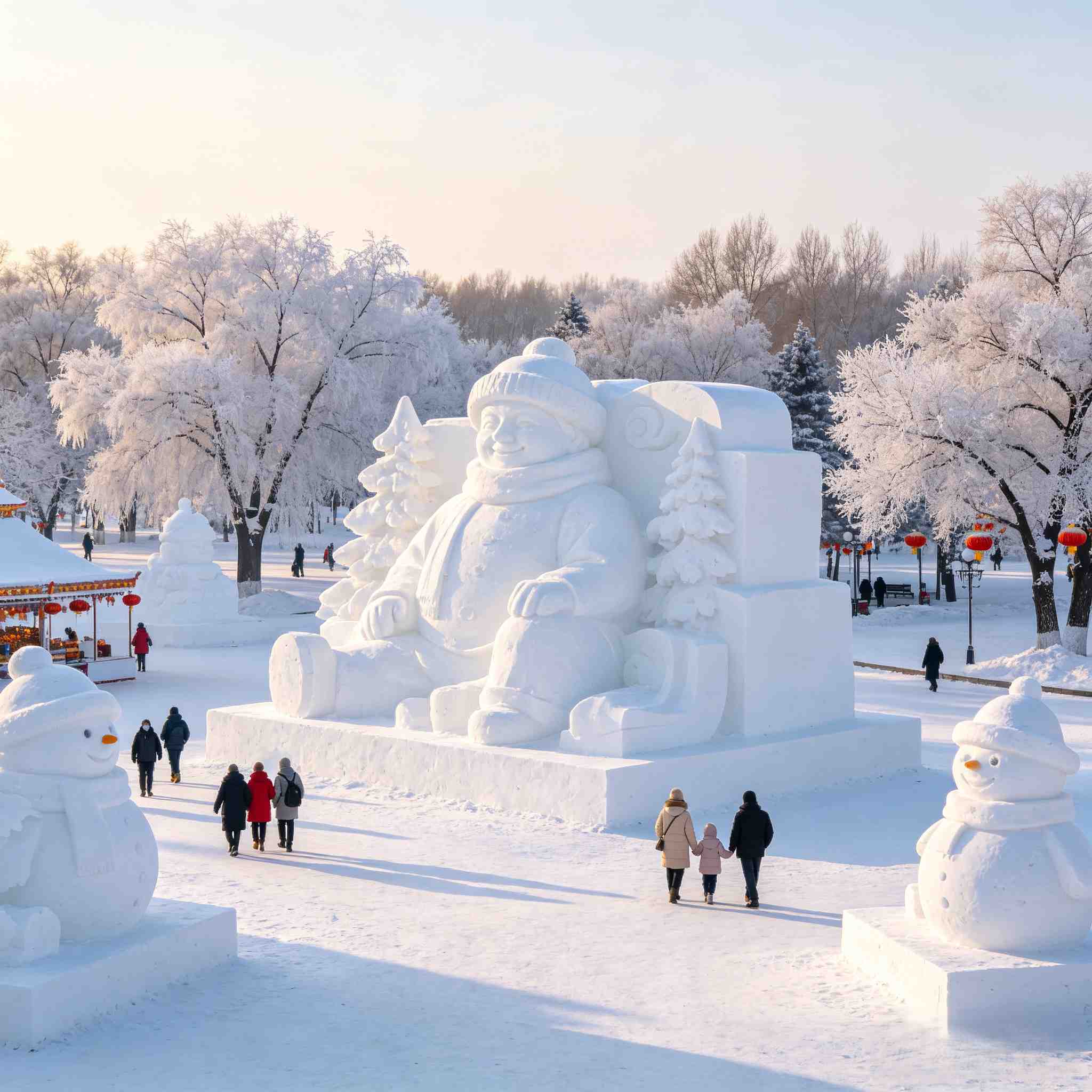 Sun Island Snow Sculpture Fair with giant snow carvings and rime trees in Harbin