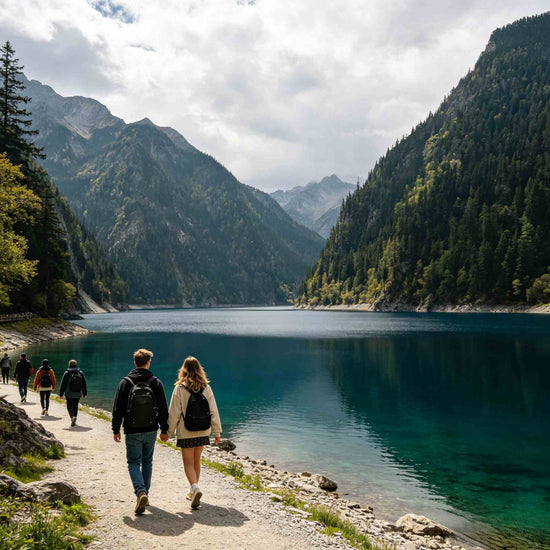 Calm Long Lake with snow mountain backdrop in Jiuzhaigou Valley, Sichuan