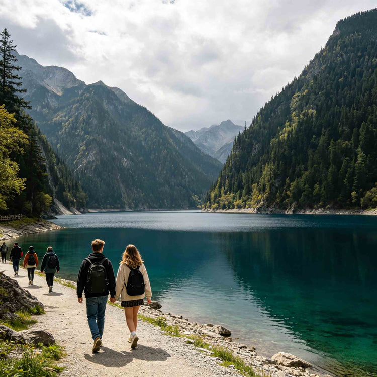 Calm Long Lake with snow mountain backdrop in Jiuzhaigou Valley, Sichuan