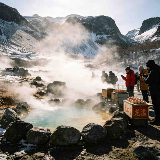 Julong Hot Springs, steaming volcanic geothermal pools on Changbai Mountain with visitors observing the spring site