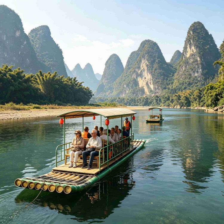 Li River bamboo raft cruise with karst mountain scenery, Yangshuo Guilin