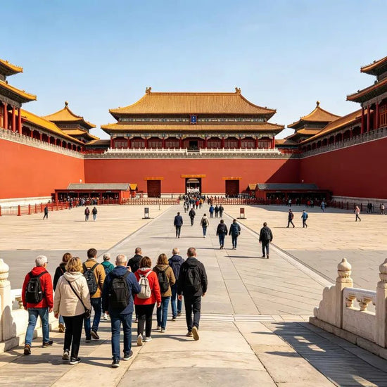 Western tourists exploring Forbidden City, world's largest ancient wooden palace complex, UNESCO site in Beijing
