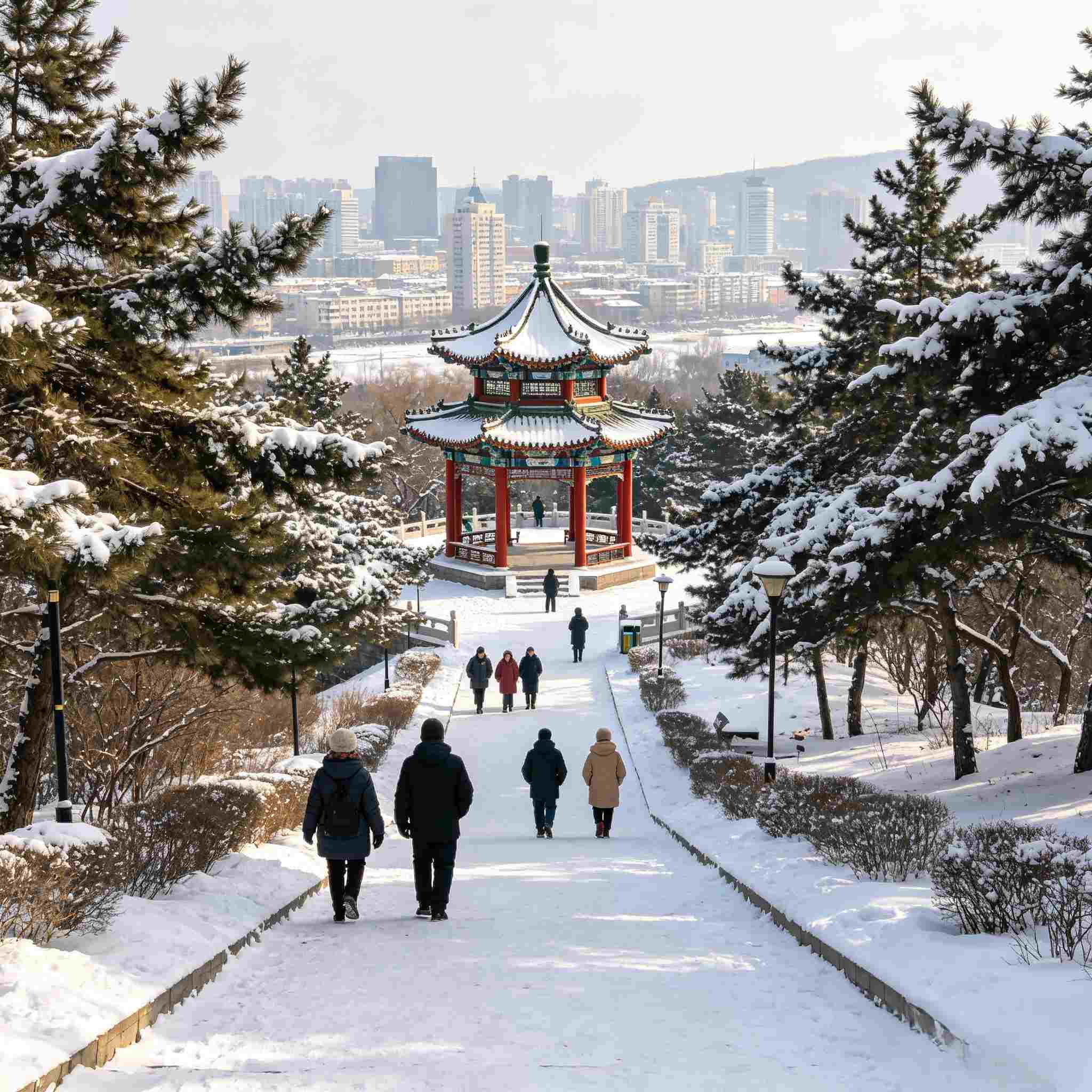 Snow-covered traditional Chinese pavilion at Beishan Park overlooking Jilin city