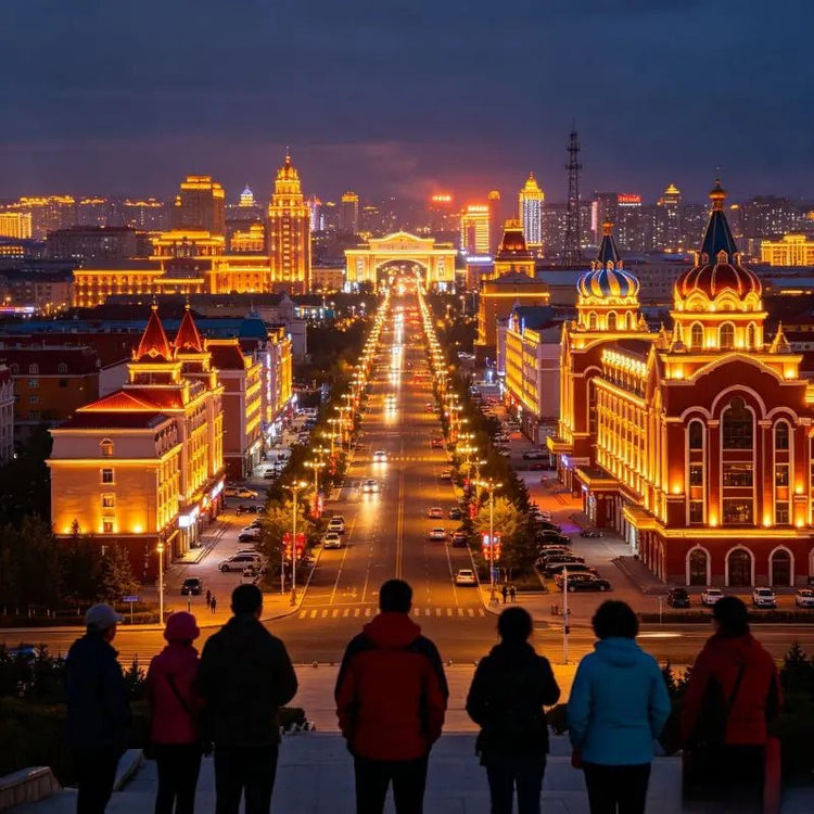 Illuminated night view of Manzhouli city with Russian-style architecture and Matryoshka Square