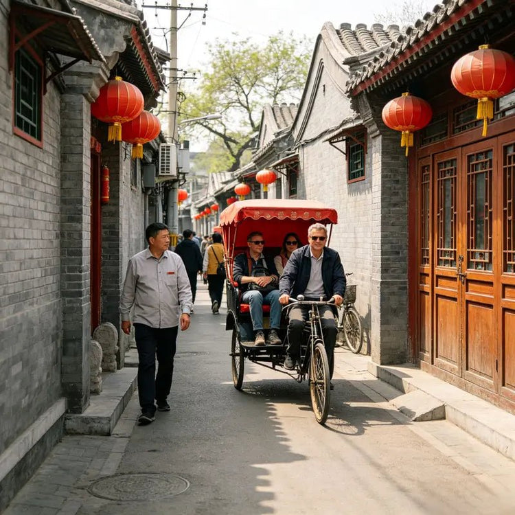 Traditional rickshaw ride through old Beijing hutong alley with grey brick walls and red lanterns, authentic local cultural experience
