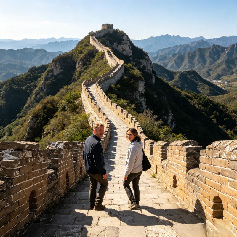 Two tourists hiking on original Simatai Great Wall, daytime mountain scenery