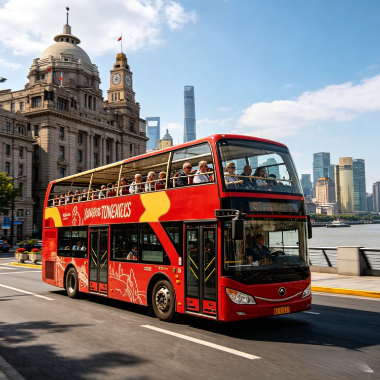 Red double-decker sightseeing bus on Shanghai street, Bund historic buildings in background