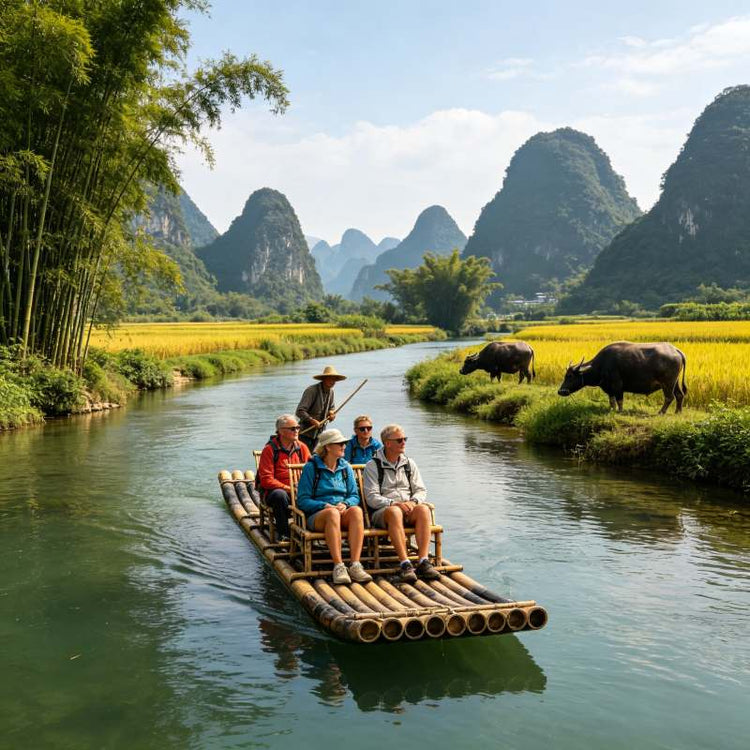 Western tourists on bamboo raft drifting along Yulong River with village karst scenery, Yangshuo, Guilin, China