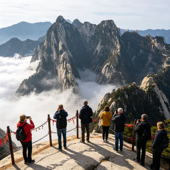Tourists viewing the sea of clouds at Mount Huashan viewing platform, majestic mist-shrouded mountain peaks, China