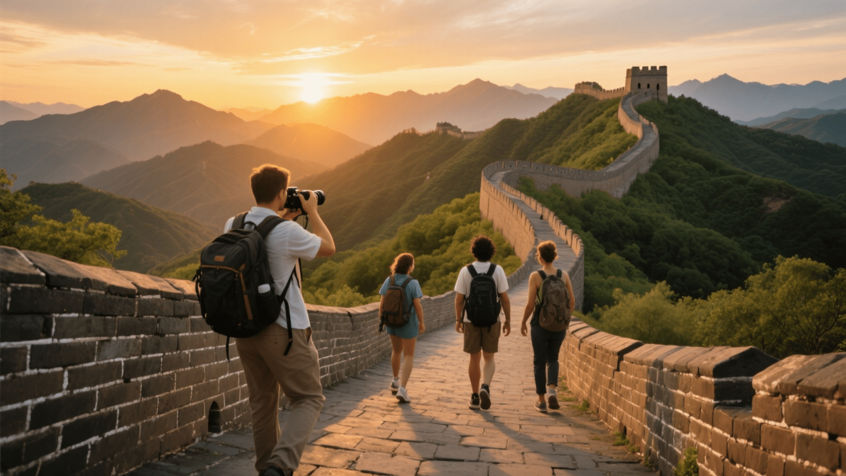 Group of foreign tourists hiking Mutianyu Great Wall at sunset Beijing China private guided tour