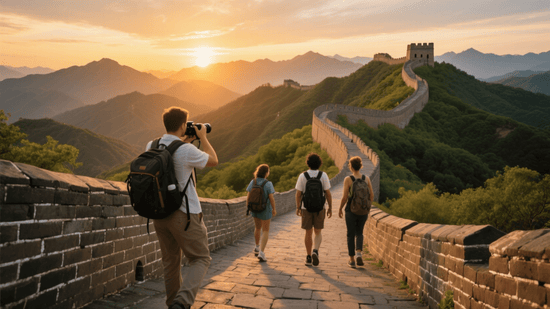 Group of foreign tourists hiking Mutianyu Great Wall at sunset Beijing China private guided tour
