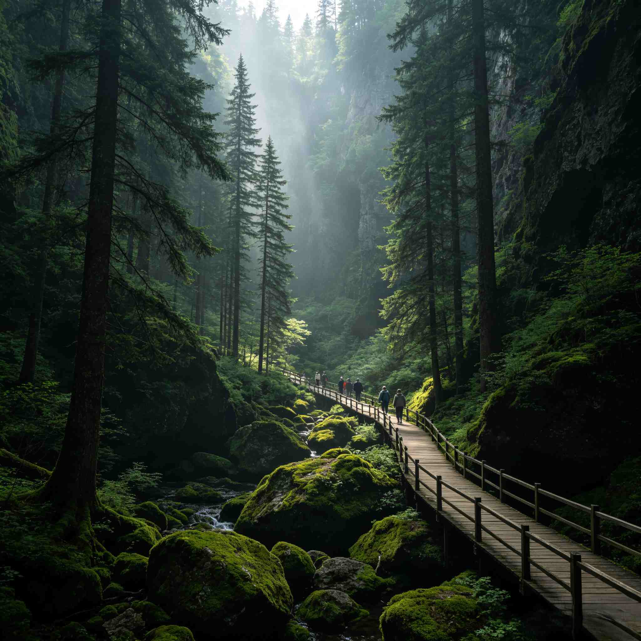 Underground Forest of Changbai Mountain, primeval coniferous forest with wooden boardwalk and sunbeams through tree canopy