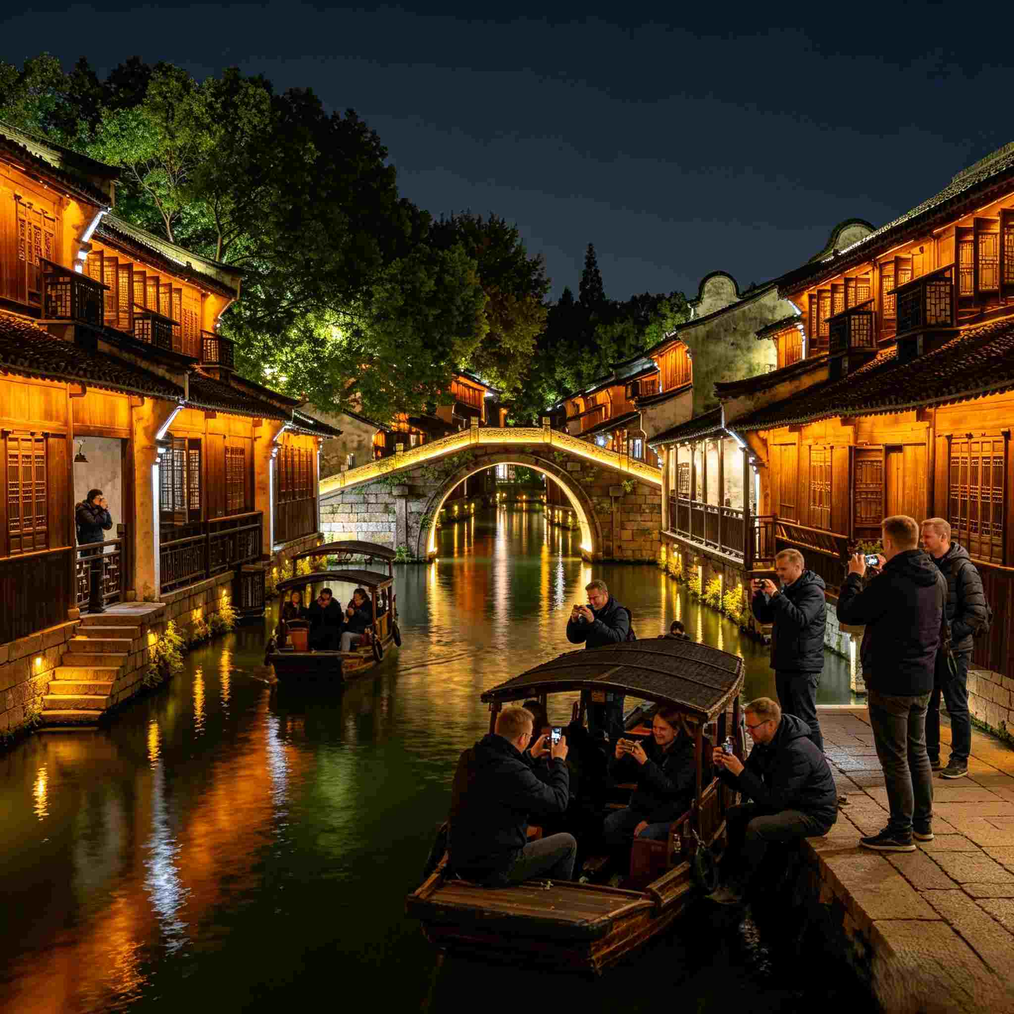 Western Wuzhen water town night view, western tourists take wooden boat cruise, classic Jiangnan canal ancient stone bridge private tour
