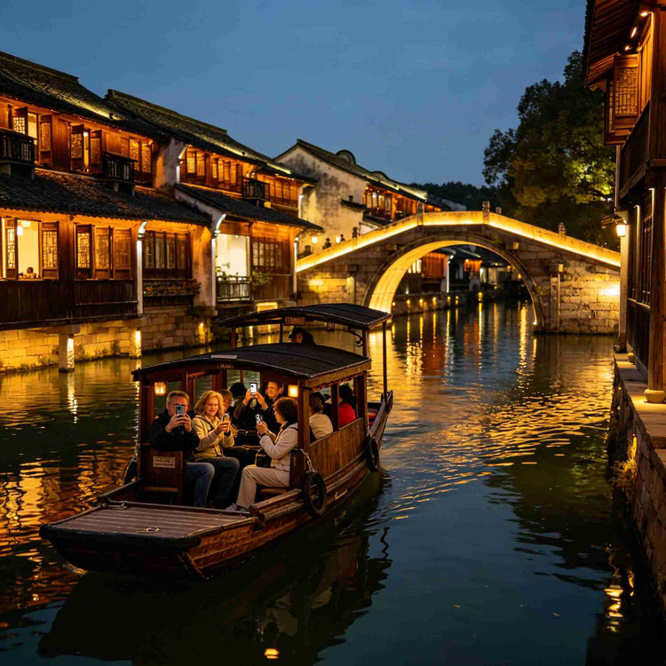 Wuzhen West Scenic Zone night canal scenery, illuminated stone bridge, foreign tourists take wooden boat cruise