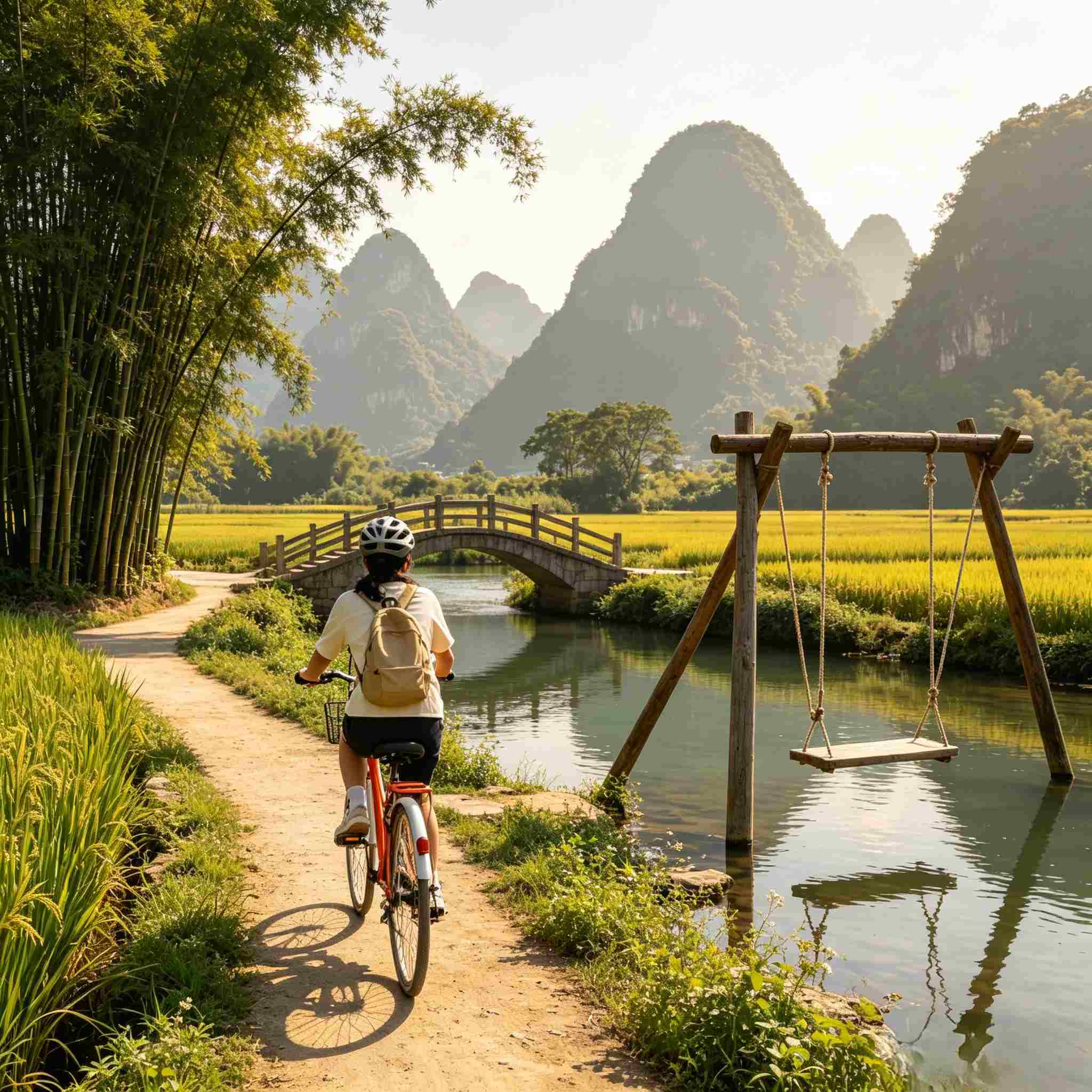 Cycling trail along Yulong River with karst rice field scenery