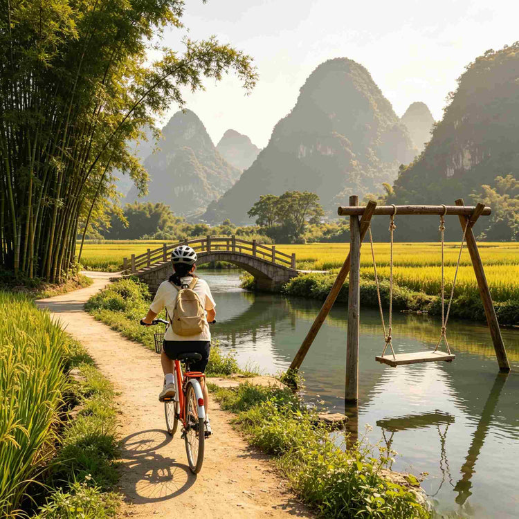 Cycling trail along Yulong River with karst rice field scenery