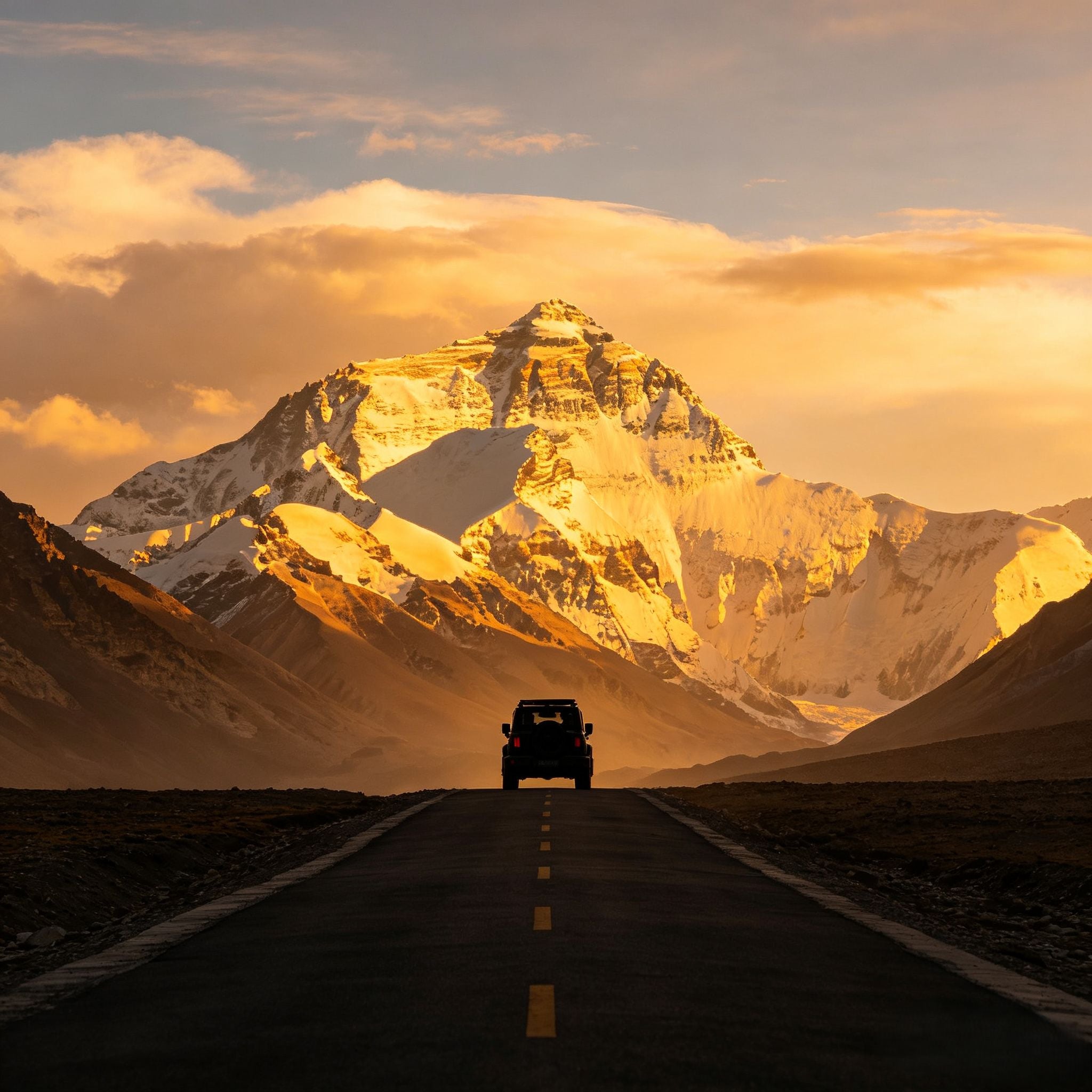 Golden sunset over Mount Everest with a vehicle on the high-altitude mountain road