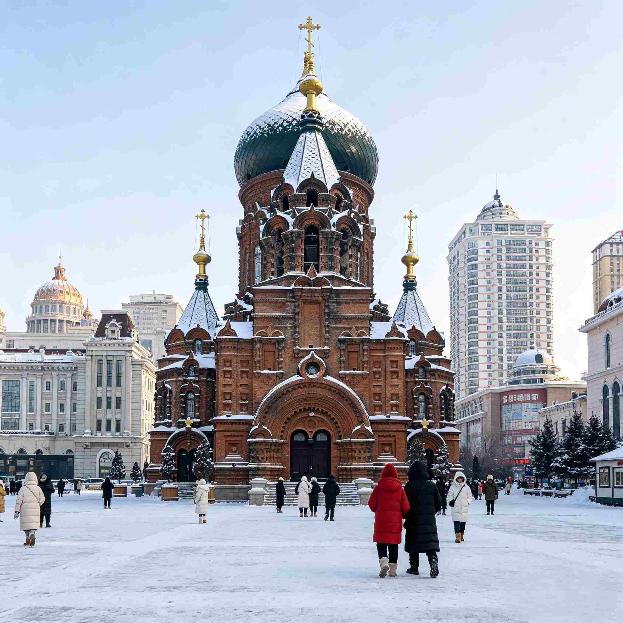 St. Sophia Cathedral covered in snow in downtown Harbin winter