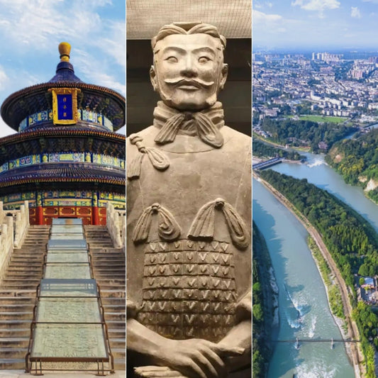 Temple of Heaven, Terracotta Army & Dujiangyan aerial view China travel collage