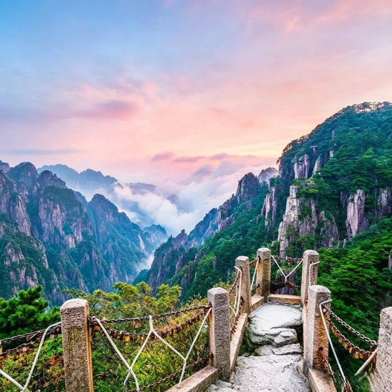 West Sea Grand Canyon Huangshan, cliffside plank road overlooking U-shaped granite canyon and sea of clouds, UNESCO world natural heritage site, China inbound travel attraction