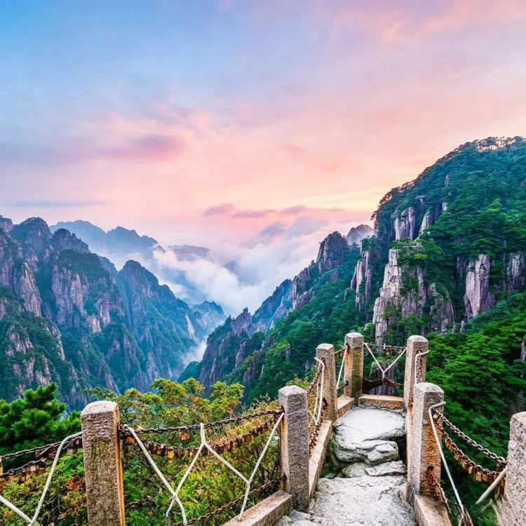 West Sea Grand Canyon Huangshan, cliffside plank road overlooking U-shaped granite canyon and sea of clouds, UNESCO world natural heritage site, China inbound travel attraction