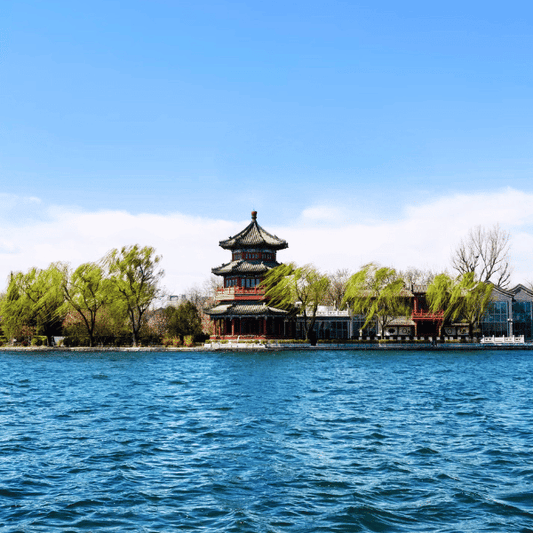 Ancient pavilion on lake water, Summer Palace classic Beijing travel view