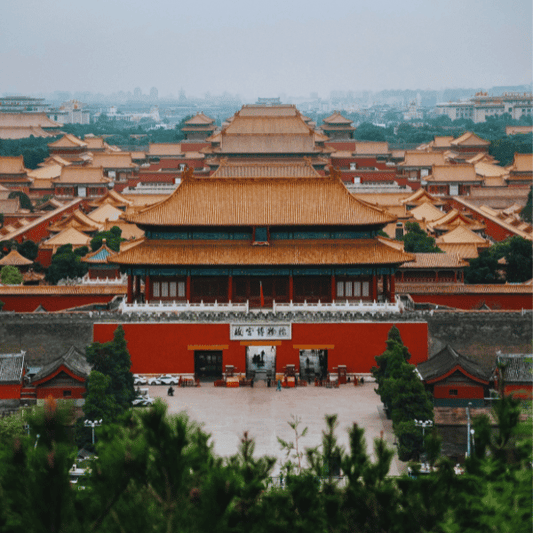 Panoramic overlook of Forbidden City imperial palace Beijing historic scenery
