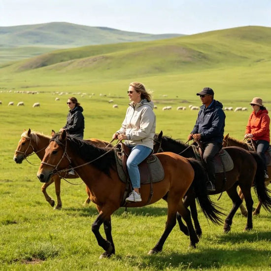 Western tourists horse riding on Hulunbuir grassland, optional prairie experience activity