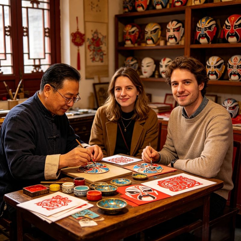 International tourists learning traditional Chinese heritage craft with a local master, Peking Opera mask painting workshop