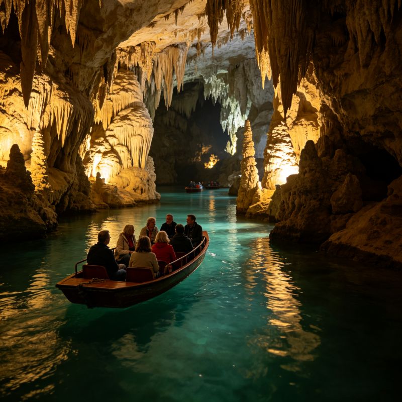 Huanglong Cave underground river boat tour with glowing stalactite formations, Zhangjiajie China