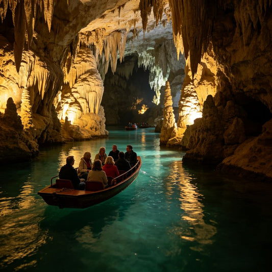 Huanglong Cave underground river boat tour with glowing stalactite formations, Zhangjiajie China
