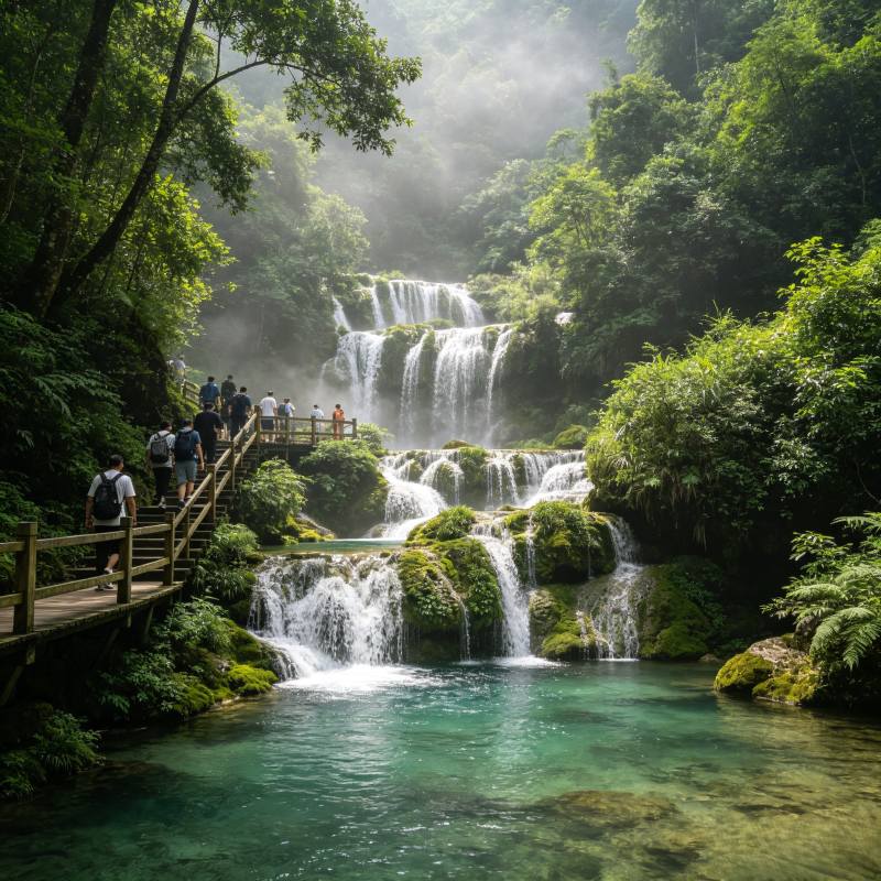 Gudong Waterfall scenic area with multi-tier travertine waterfalls and hiking trail in subtropical forest, Guilin China
