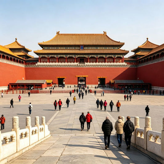 Tourists walking on white marble terrace of Forbidden City, UNESCO World Heritage Site in downtown Beijing