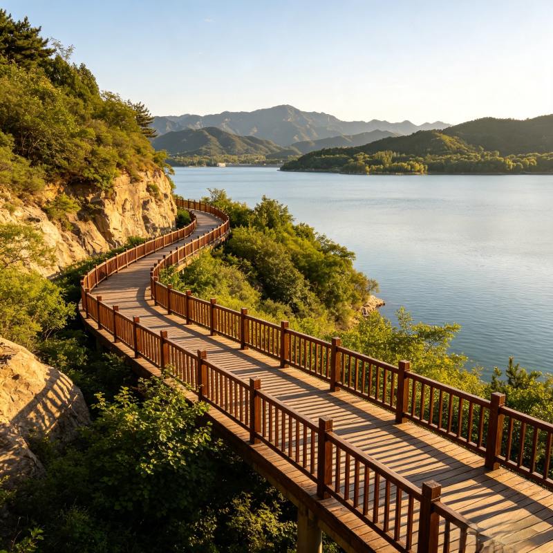 Yanqi Lake West Mountain boardwalk and lake scenery