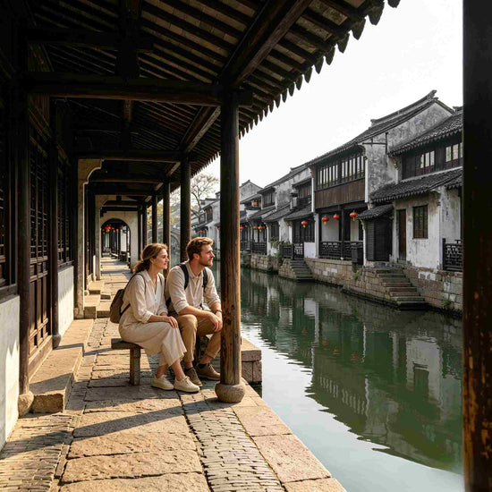 Quiet ancient covered corridor by water town river, western travelers rest and enjoy authentic Jiangnan water village scenery