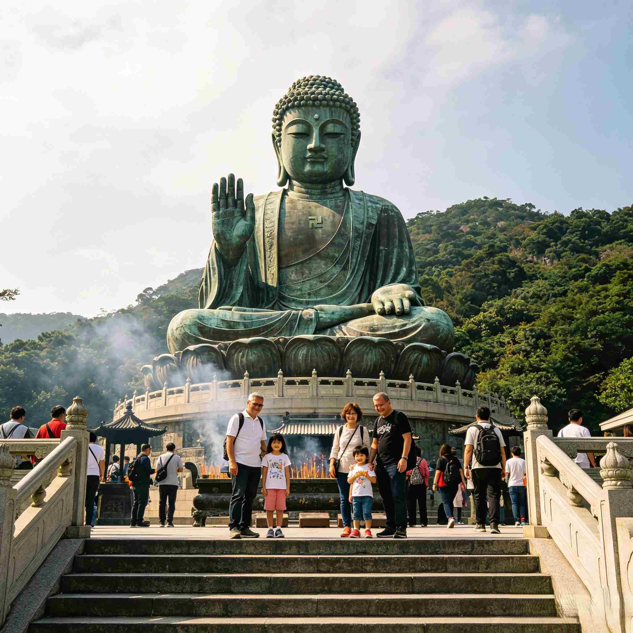 Visitors at the iconic giant Tian Tan Buddha statue on Lantau Island, Hong Kong