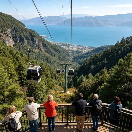 Tourists viewing Erhai Lake from Cangshan Mountain cable car platform