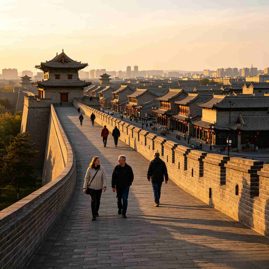 Foreign travelers walking on Datong Ancient City Wall with panoramic old town view