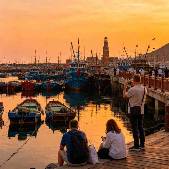 Tourists enjoying golden sunset at Dalian Fisherman's Wharf with fishing boats in harbor