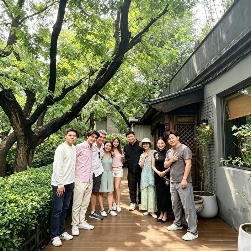 Group photo of guests and team outside Queen's Courtyard tea house in Beijing hutong garden